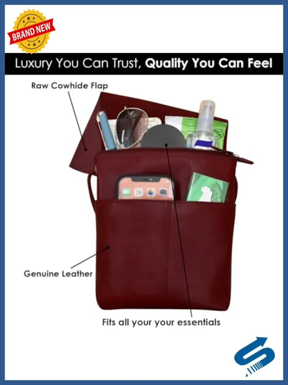 Genuine Leather Crossbody Bag with RFID Blocking, Adjustable Strap